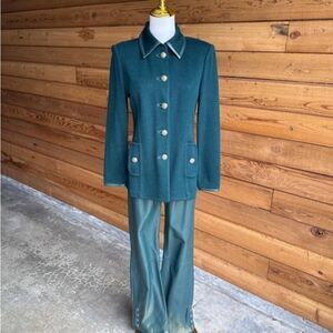 St. John Green Leather and Knit Pant & Jacket Set